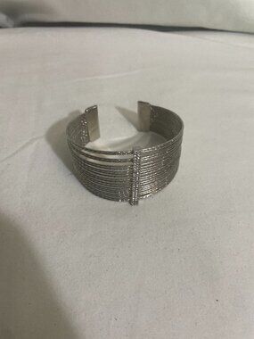 Silver Tone Multi Strand Wire Cuff Bracelet Rhinestone Bar Open Cuff Statement